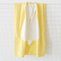 Yellow bunny baby blanket swaddle with white bunny design and ears for newborns