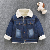 toddlers blue childrens denim coat with fleece lining and button front closure