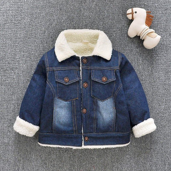 toddlers blue childrens denim coat with fleece lining and button front closure