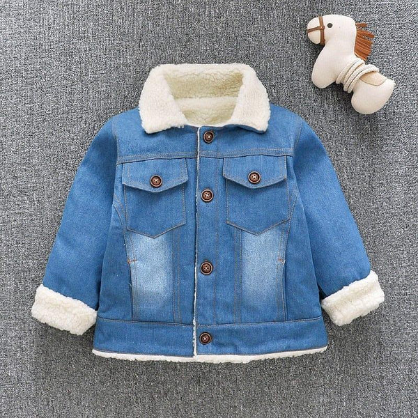 kids blue childrens denim coat with fleece lining, button front and fleece collar and cuffs