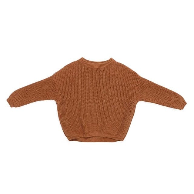 brown children's knit pullover sweater for toddlers with ribbed cuffs and hem