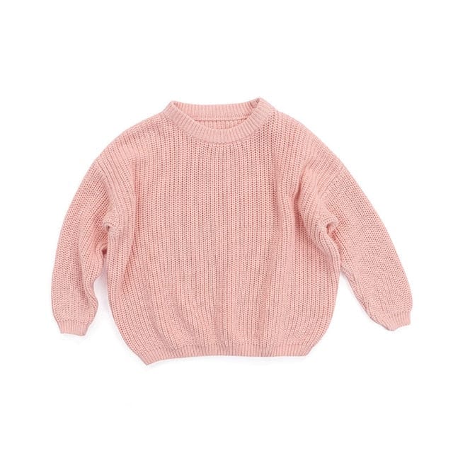 Light pink children's knit pullover sweater for toddlers with long sleeves and ribbed cuffs