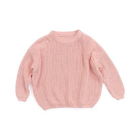 Light pink children's knit pullover sweater for toddlers with long sleeves and ribbed cuffs