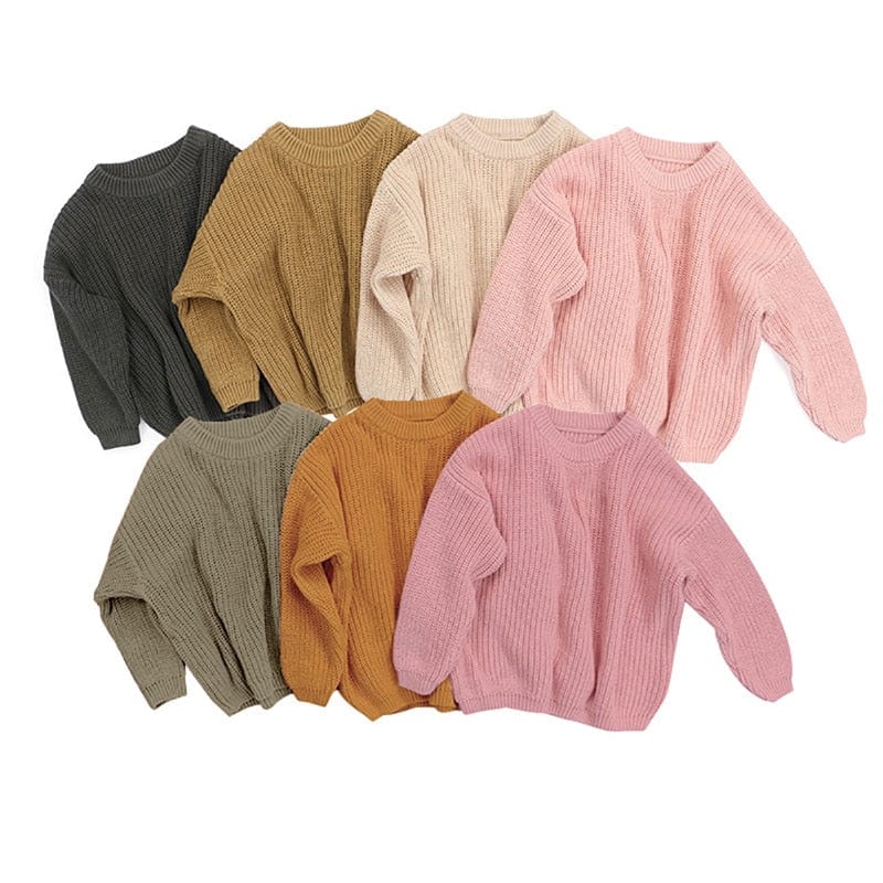 Assorted children's knit pullover sweaters in muted colors for toddlers with ribbed texture and long sleeves