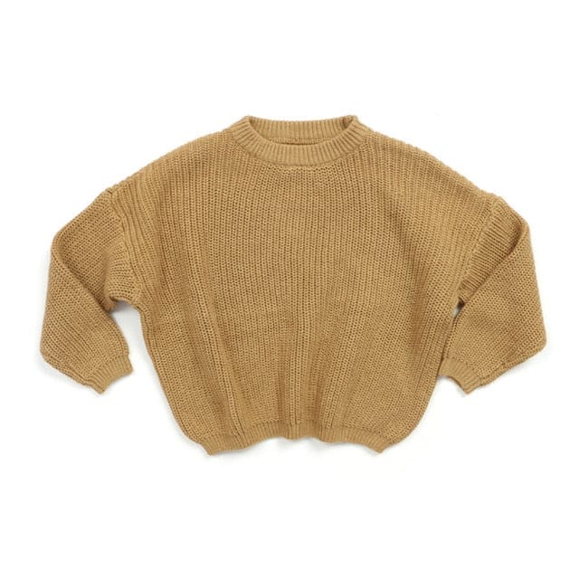 tan children's knit pullover sweater for kids with long sleeves and ribbed neckline