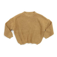 tan children's knit pullover sweater for kids with long sleeves and ribbed neckline