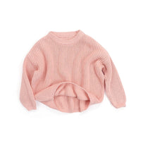 pink children's knit pullover sweater for toddlers with long sleeves and ribbed collar