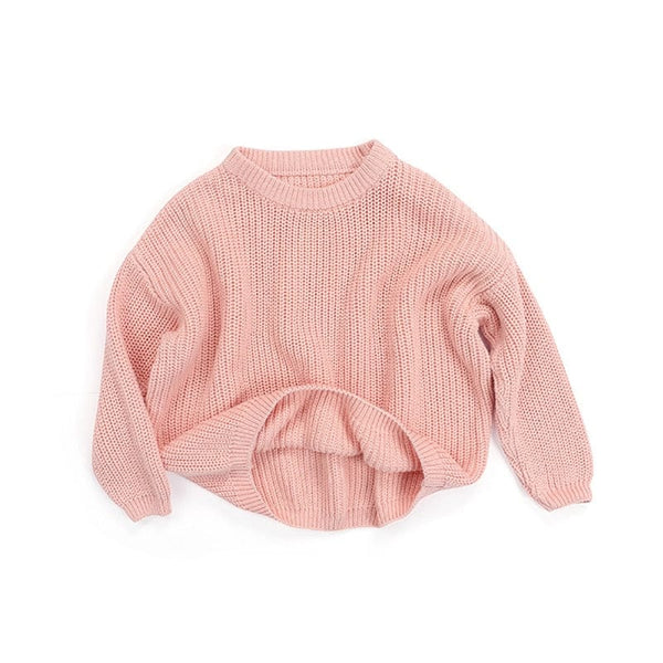 pink children's knit pullover sweater for toddlers with long sleeves and ribbed collar