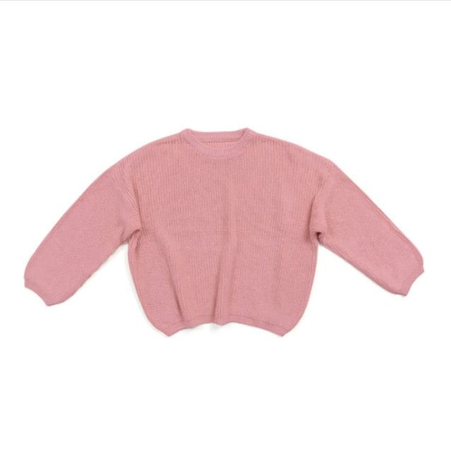 pink children's knit pullover sweater for toddlers with long sleeves and ribbed hem