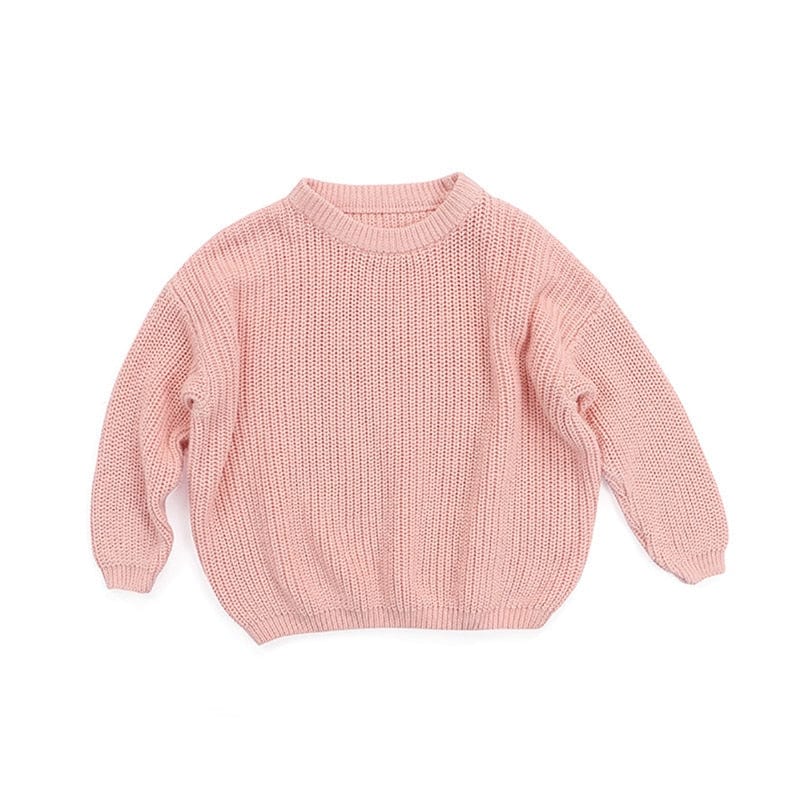 Pink children's knit pullover sweater for toddlers with long sleeves and ribbed cuffs
