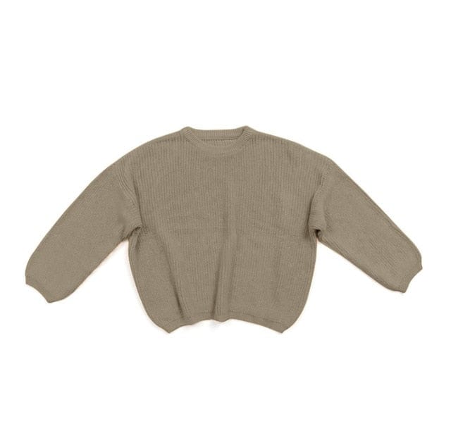 toddler beige children's knit pullover sweater with long sleeves and ribbed cuffs