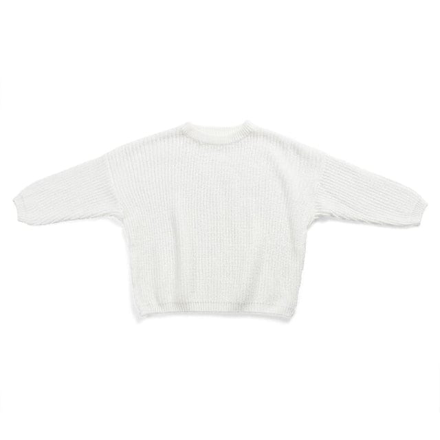 White children's knit pullover sweater for toddlers with long sleeves and textured knit pattern