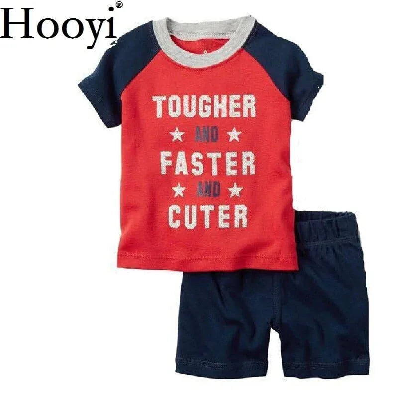Toddler boys red and navy childrens summer shorts set with tough faster and cuter print