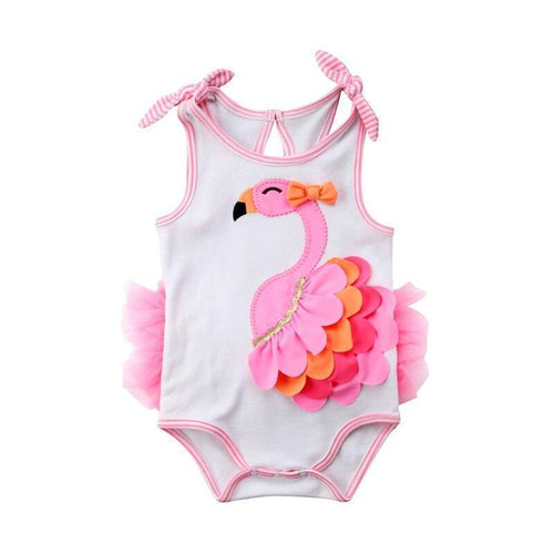 cute toddler girl swimwear white tank style with pink flamingo and ruffle details for babies