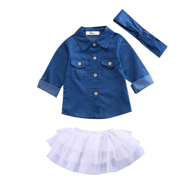 baby and kids apparel Blue / United States / 2T 3 PC Trendy Denim Top + Tutu Skirt Set for Little Girls -The Palm Beach Baby
