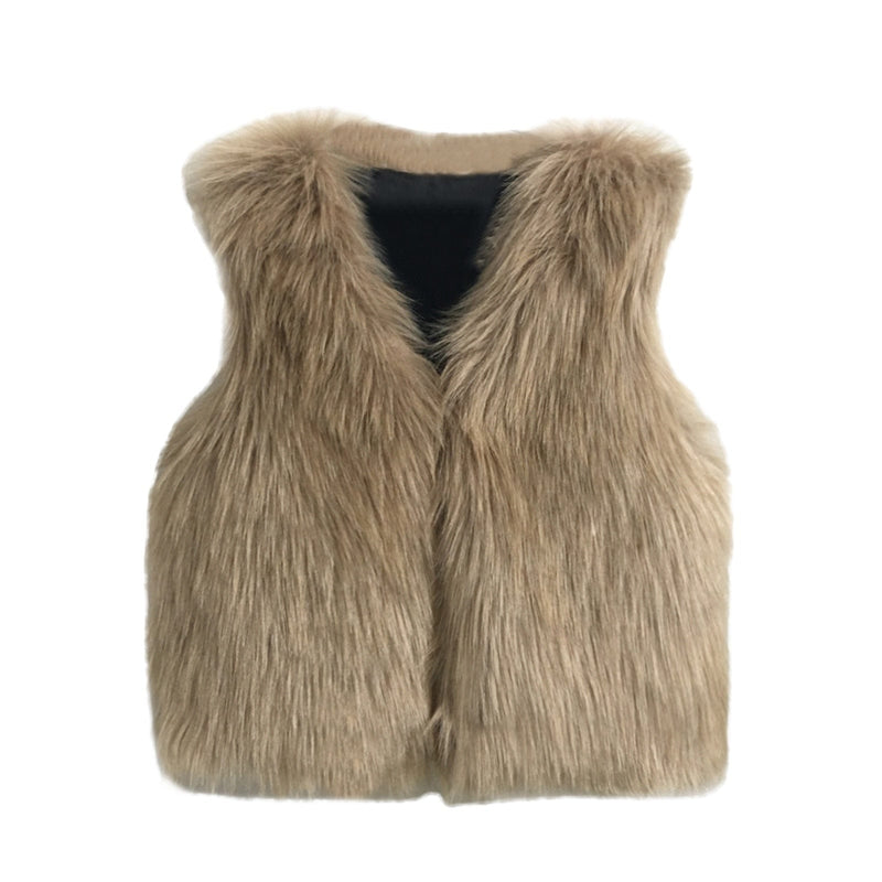 kids and babies Khaki / 12-18 Months / United States Lush Faux Fur Little Girls Vest -The Palm Beach Baby