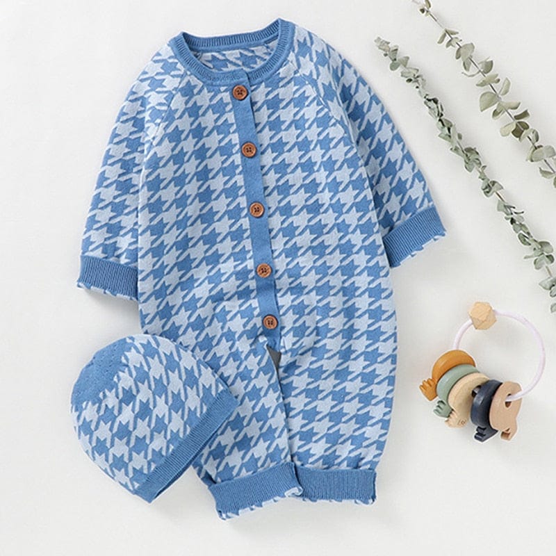 kids and babies 82W902 blue / 3M "Houndstooth Honey!" Adorable Knitted Romper -The Palm Beach Baby
