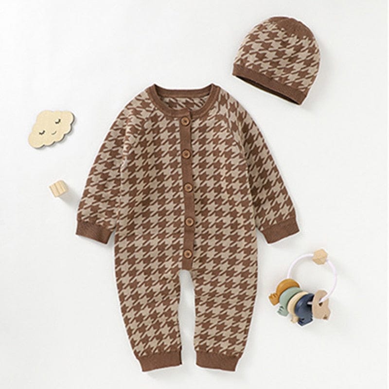 kids and babies 82W902 brown / 3M "Houndstooth Honey!" Adorable Knitted Romper -The Palm Beach Baby