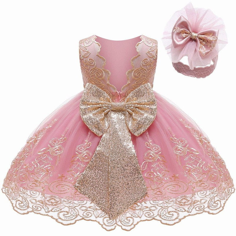 kids and babies Bean pink / 3M "Mathilde" V Back Lace Occasion Dress  +  Headband -The Palm Beach Baby