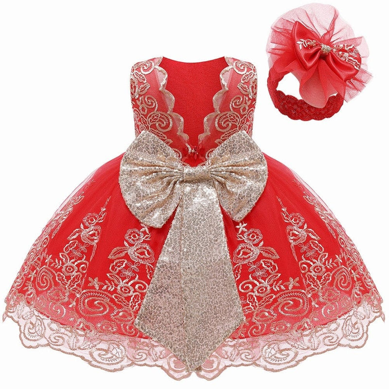 kids and babies Red / 3M "Mathilde" V Back Lace Occasion Dress  +  Headband -The Palm Beach Baby
