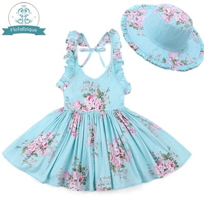 kids and babies blue dress with hat / 2T / China "Oh Suzannah" Flirty Floral Party Dress With Hat -The Palm Beach Baby