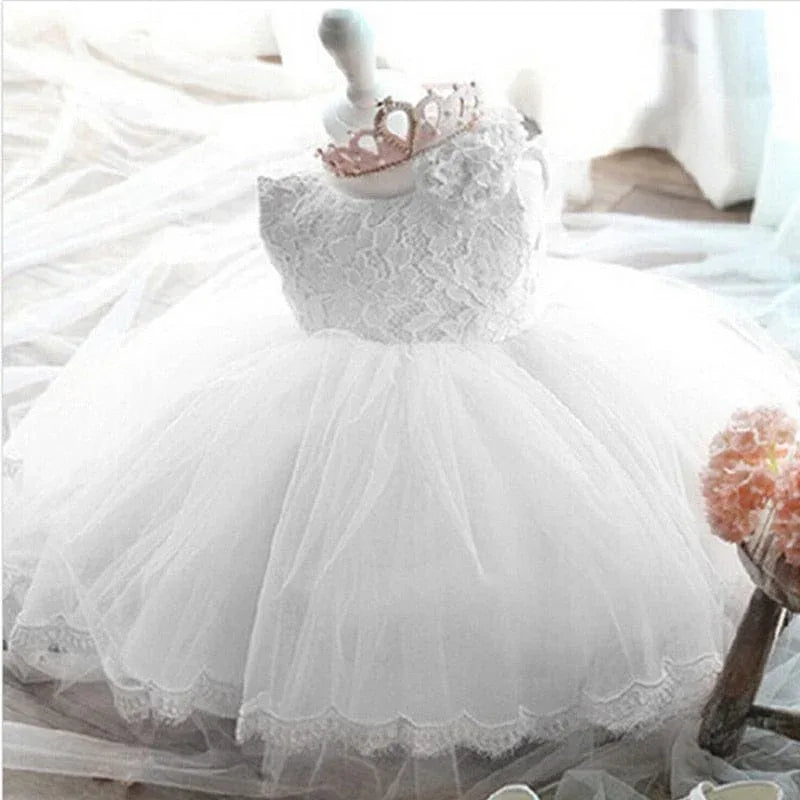 baby girl white tulle dress with bow and lace bodice for infants