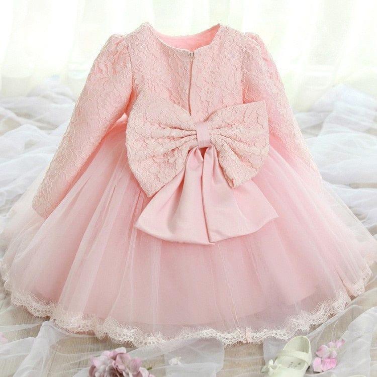 Pink baby girl tulle dress with bow, long sleeve lace bodice, soft tulle skirt for infants