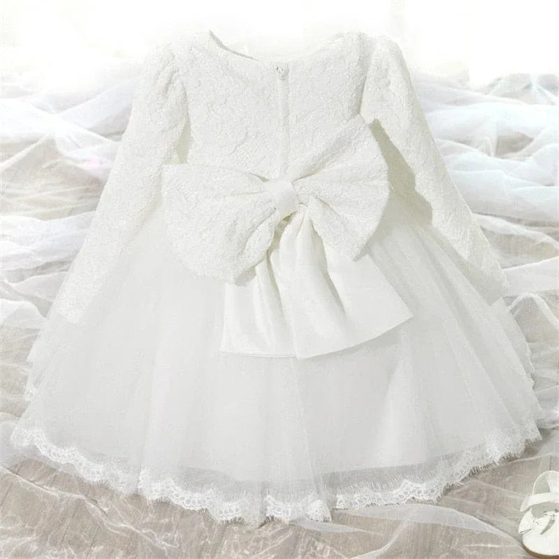 white baby girl tulle dress with bow, long sleeve lace top, size for infants and toddlers