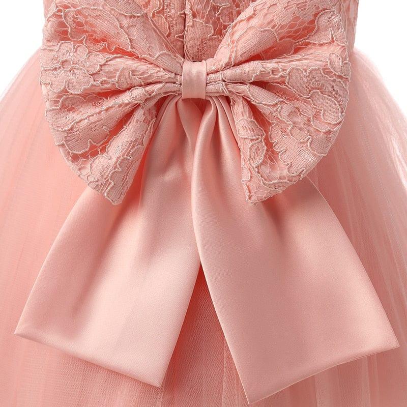 pink baby girl tulle dress with bow featuring lace detail for infants toddlers