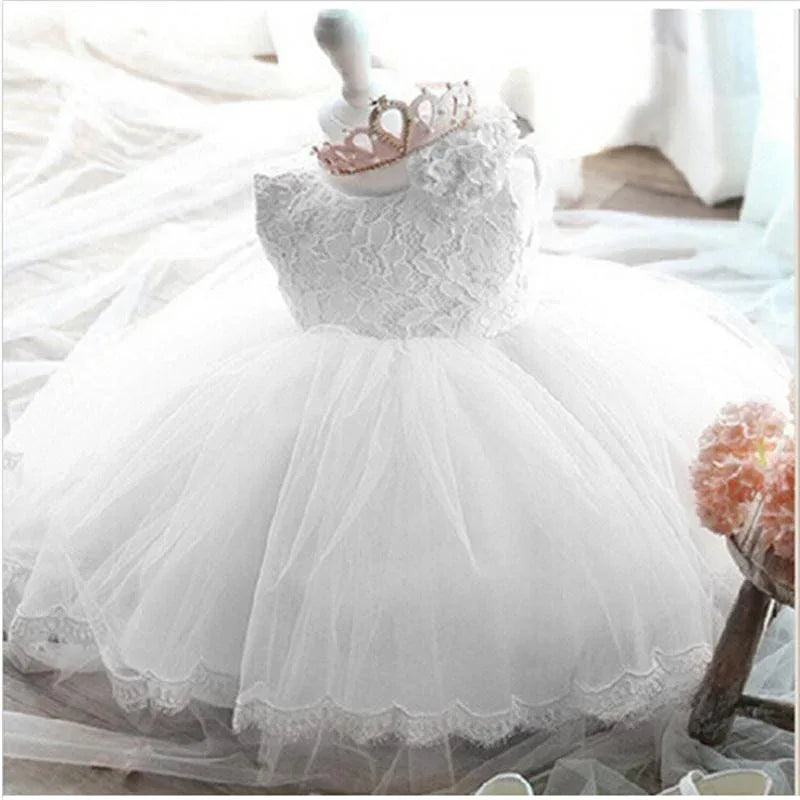 baby girl tulle dress with bow in white lace bodice and full skirt for infants