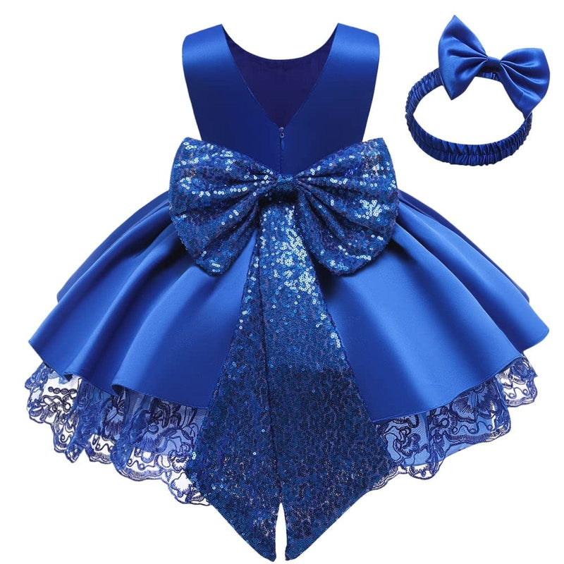 babies and kids clothes Blue / United States / 6-12 Months "Felice" Satin V Back Dress With Bow -The Palm Beach Baby