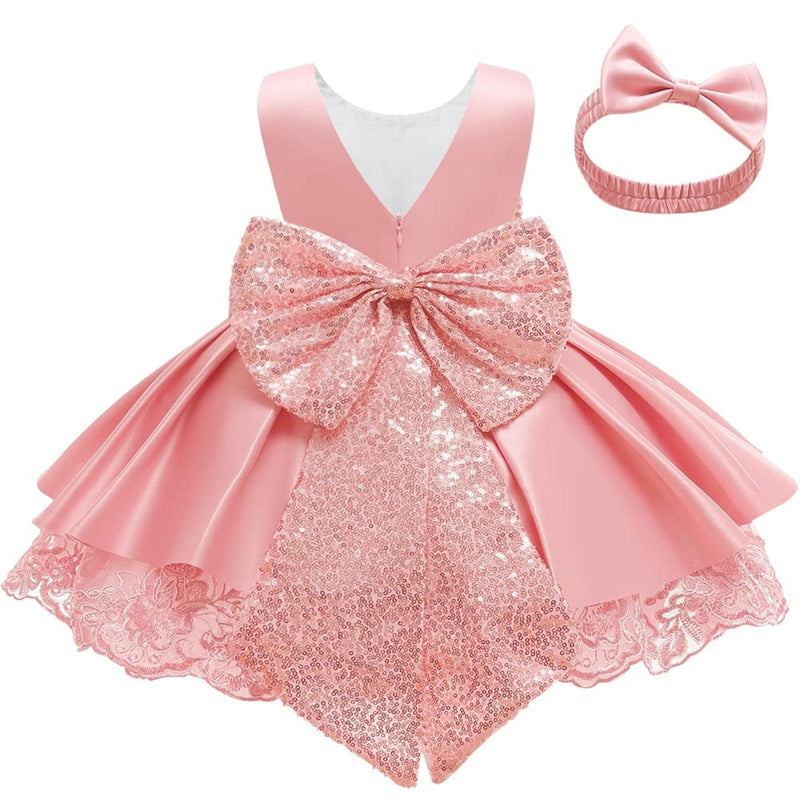 babies and kids clothes Pink / United States / 6-12 Months "Felice" Satin V Back Dress With Bow -The Palm Beach Baby