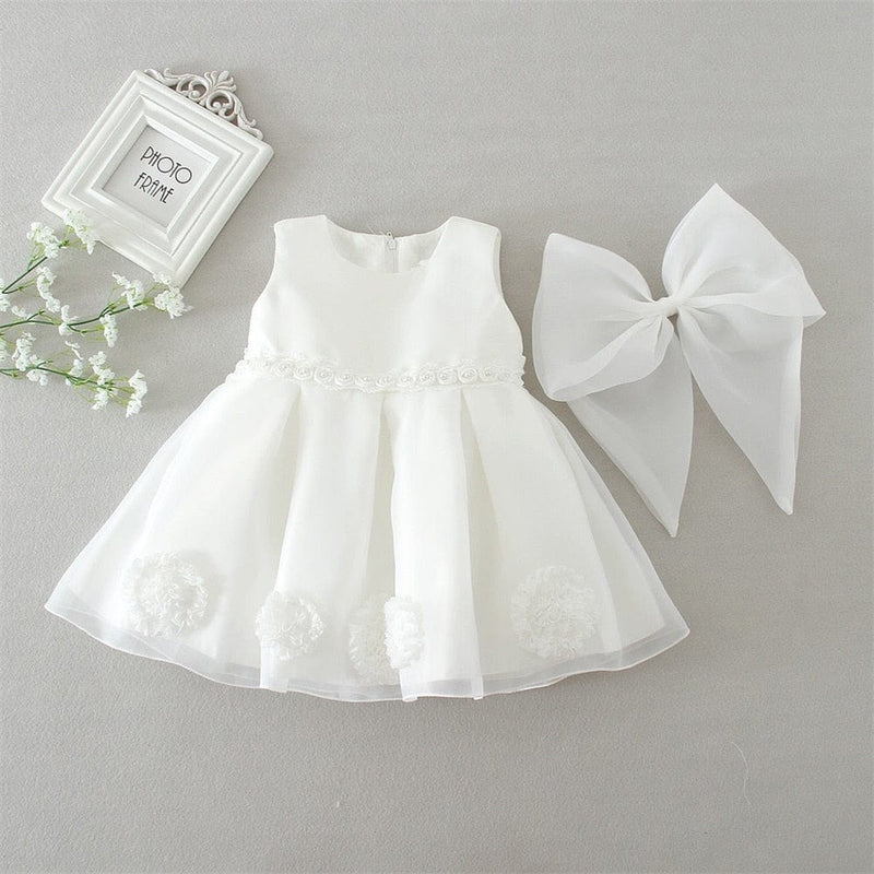 kids and babies "Lauren" White Chiffon Dress With Big Bow -The Palm Beach Baby