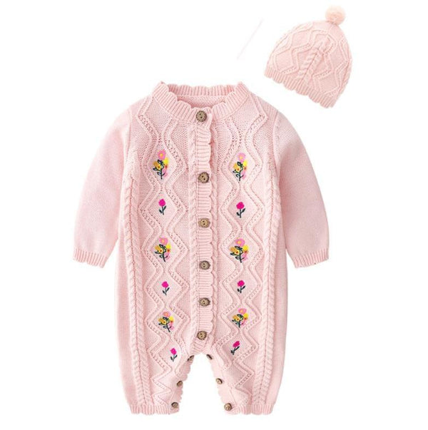 Pink floral baby knitted romper for newborns with button front and matching knit hat