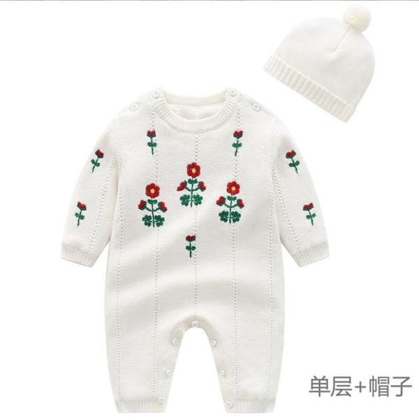 white floral baby knitted romper with red and green flower embroidery for infants with matching white pom pom hat