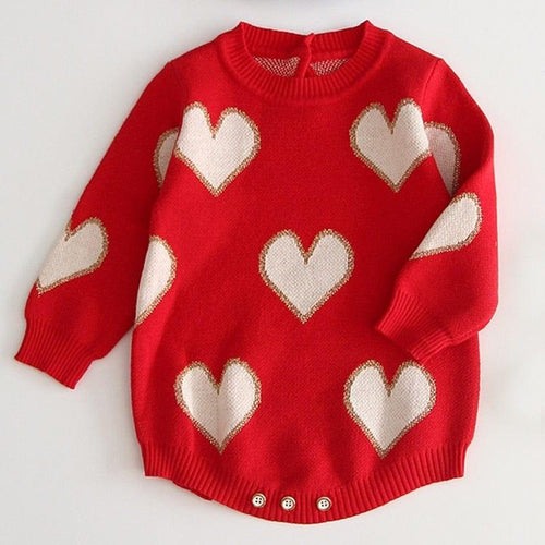 Red heart pattern baby romper for infants with long sleeves and button closure