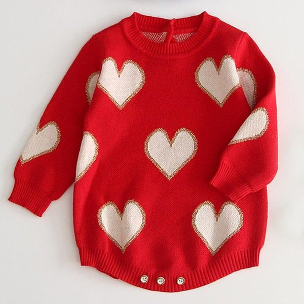 Red heart pattern baby romper for infants with long sleeves and button closure