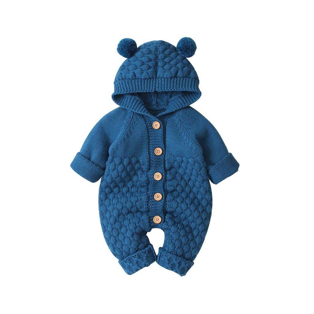 blue hooded knitted romper for babies with bear ears and wooden buttons, newborn size
