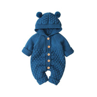 blue hooded knitted romper for babies with bear ears and wooden buttons, newborn size