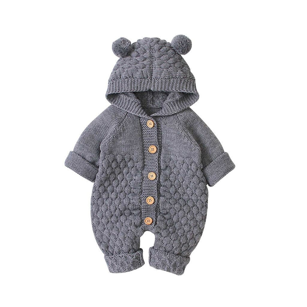 Gray hooded knitted romper for babies with bear ears and wooden buttons, cozy and warm