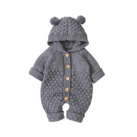 Gray hooded knitted romper for babies with bear ears and wooden buttons, cozy and warm