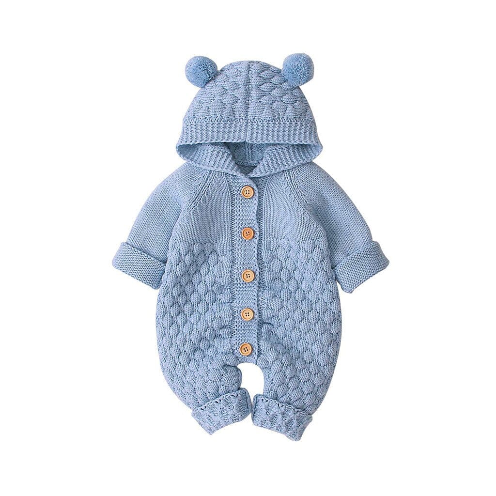 Baby blue hooded knitted romper for babies with bear ear details and wooden buttons