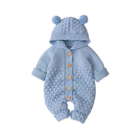 Baby blue hooded knitted romper for babies with bear ear details and wooden buttons