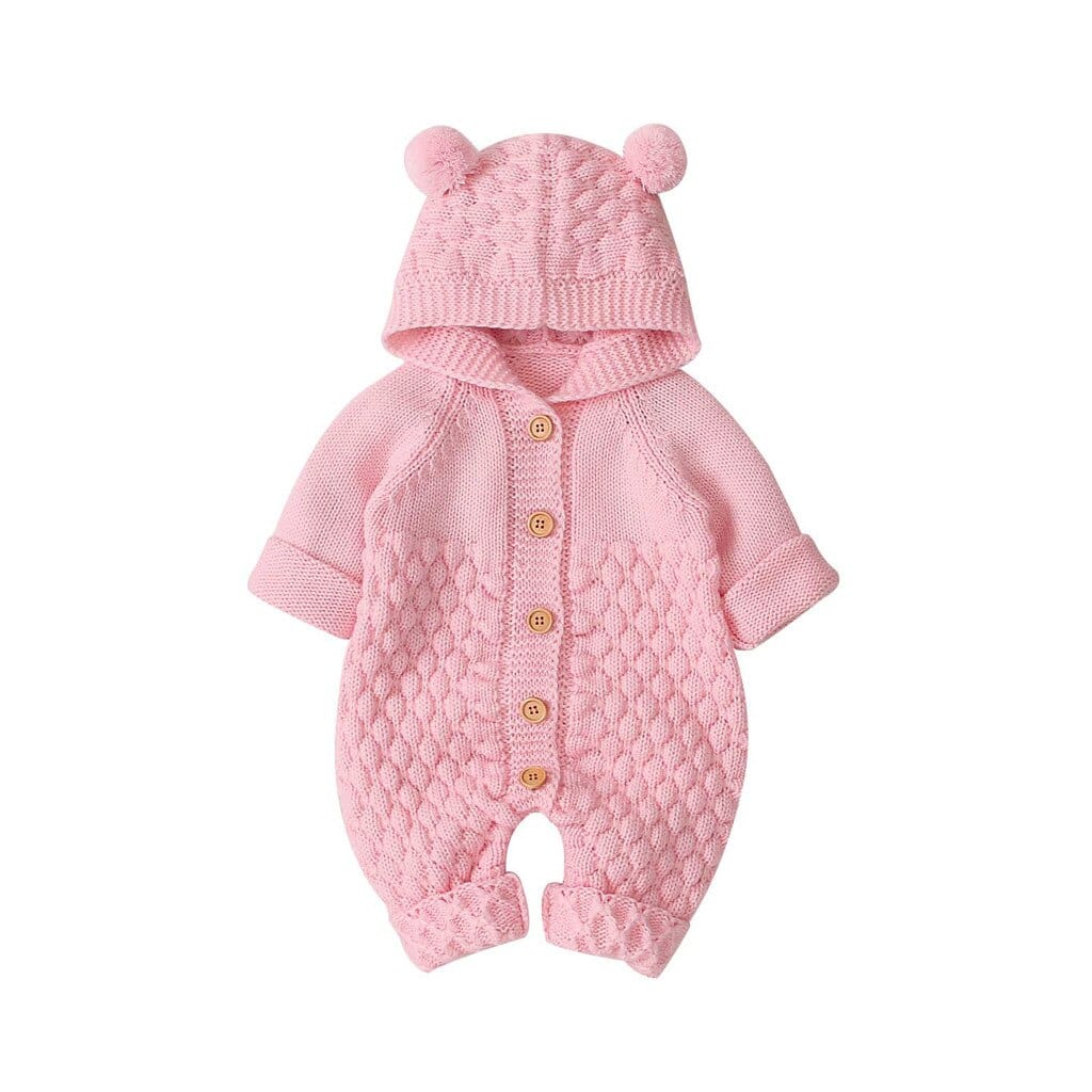 pink hooded knitted romper for babies with bear ears and button front, newborn size