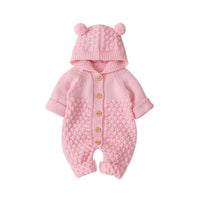pink hooded knitted romper for babies with bear ears and button front, newborn size