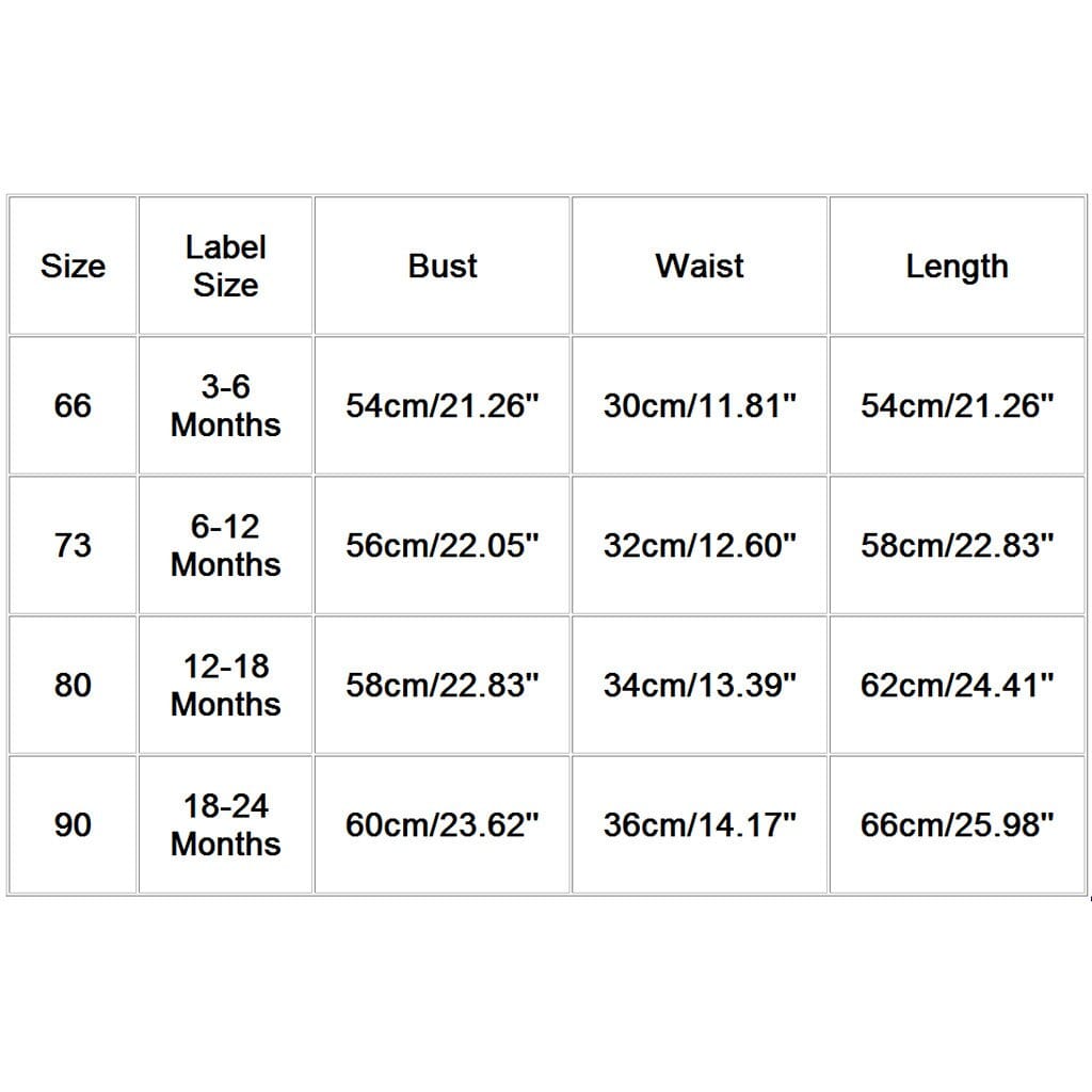 Size chart for hooded knitted romper for babies with bust, waist, and length measurements in centimeters and inches