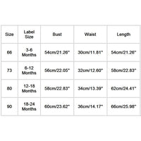 Size chart for hooded knitted romper for babies with bust, waist, and length measurements in centimeters and inches