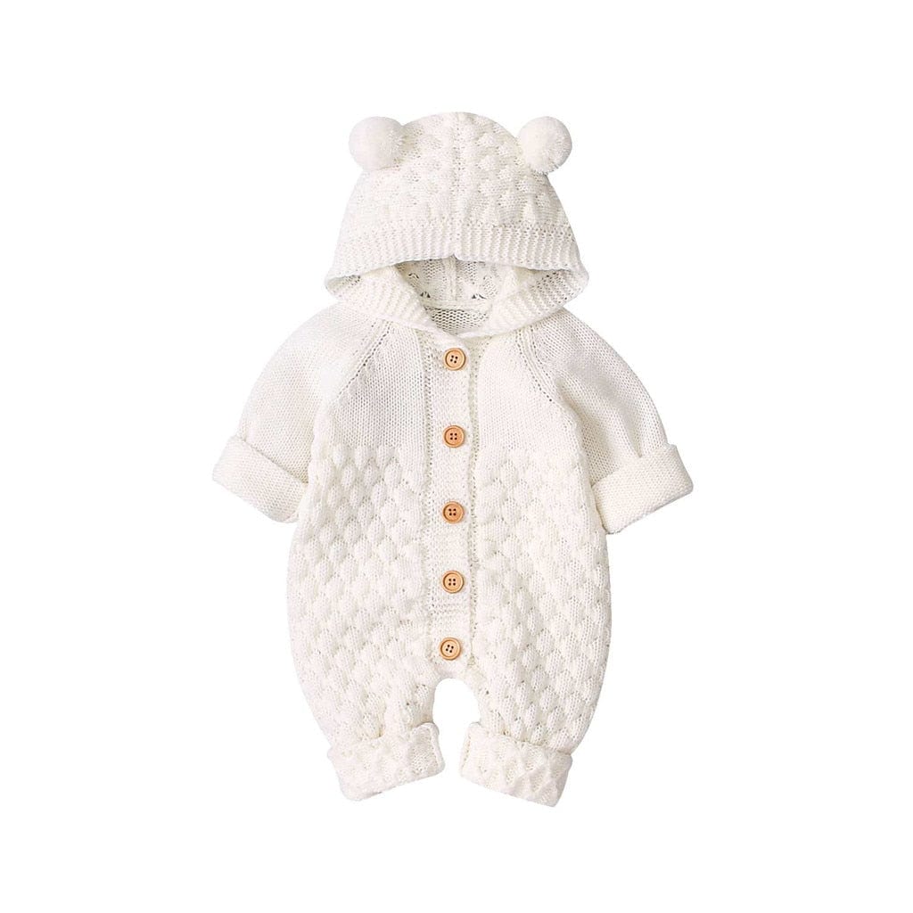 White hooded knitted romper for babies with bear ears and wooden button details