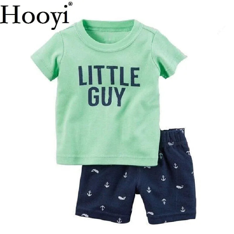 Toddler boys green short sleeve shirt with Little Guy print and navy anchor print shorts childrens summer shorts set