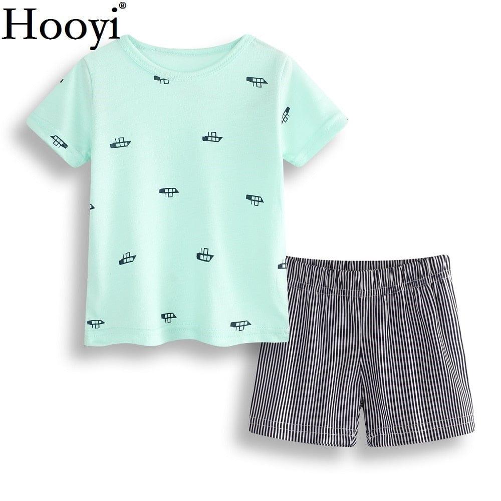 toddlers childrens summer shorts set with light blue boat print t-shirt and black striped shorts